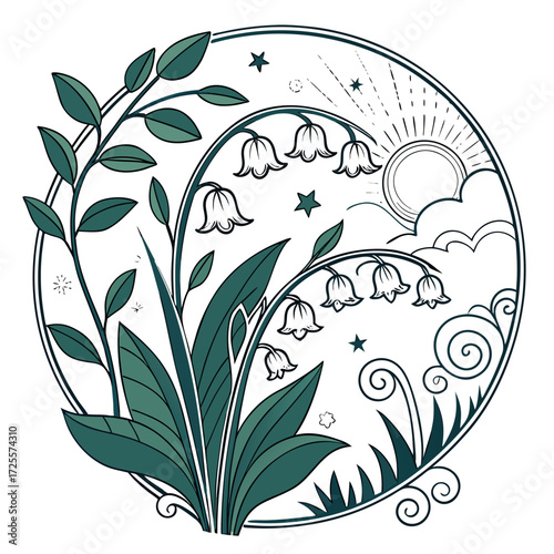 Enchanting lily of the valley illustration with celestial elements