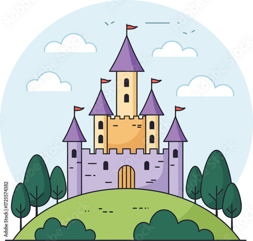 Enchanting castle on green hillside under cloudy sky simple drawing artistic design isolated on transparent background