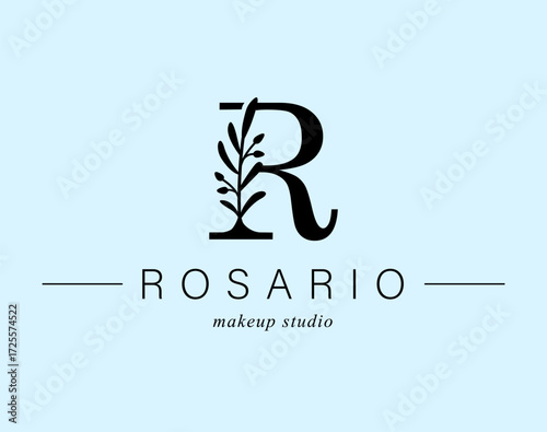 Logo, capital letter R. Monogram of Botanical Minimalistic, Initial. with Organic Plant Elements. Vector design. for tattoo studio