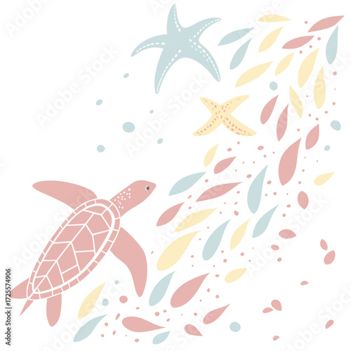 Cute pink turtle swimming with starfish and colorful bubbles