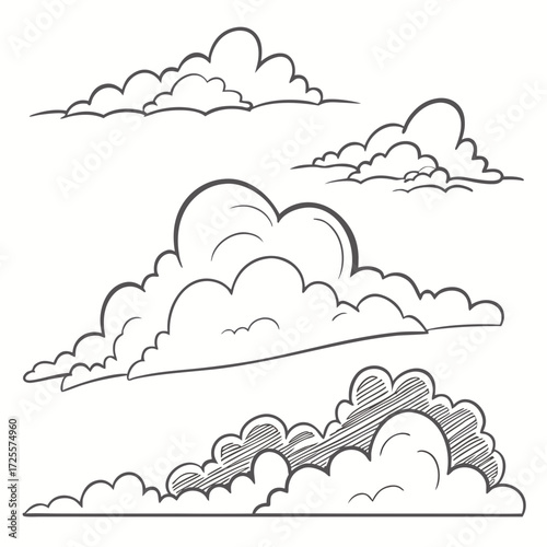 Collection of hand drawn cumulus clouds in sketch style