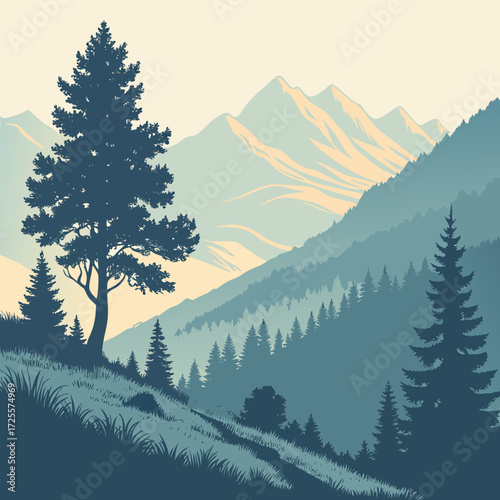 Serene mountain landscape with silhouetted pine trees and grassy hillside