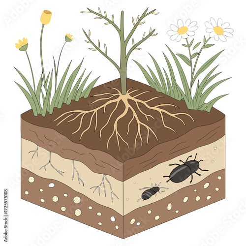 Cross section of soil layers showing plant roots and insects