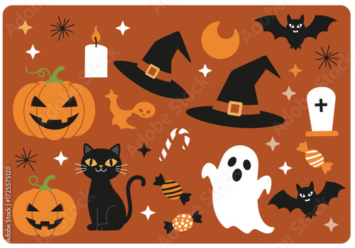 Vector art of a whimsical Halloween scene featuring a witche hat, broom, black cat, spell book, and bubbling cauldron, alongside potion bottles and a playful ghost, all set against a dark backdrop, cr
