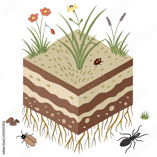 Cross section of soil layers with plants insects and roots