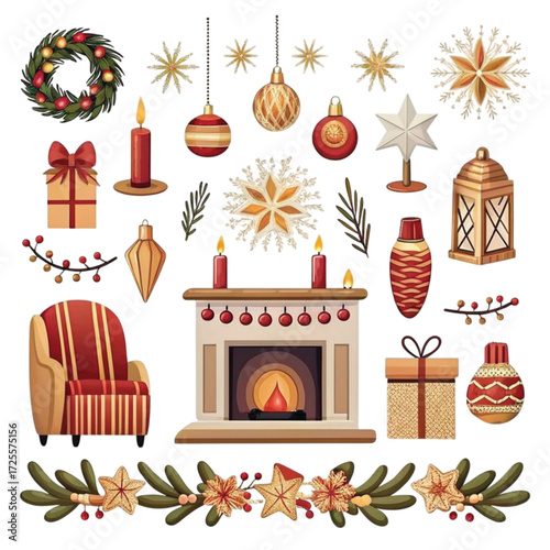 Christmas decorations with fireplace, ornaments, candles, and gifts  