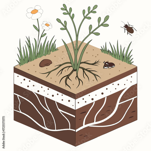 Cross section of soil layers showing plant roots and surface life