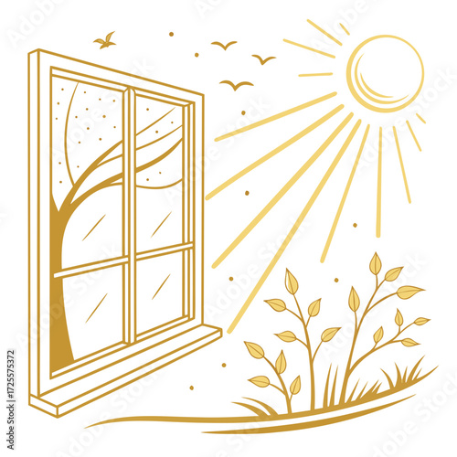 Window view of a sunny day with birds and plants