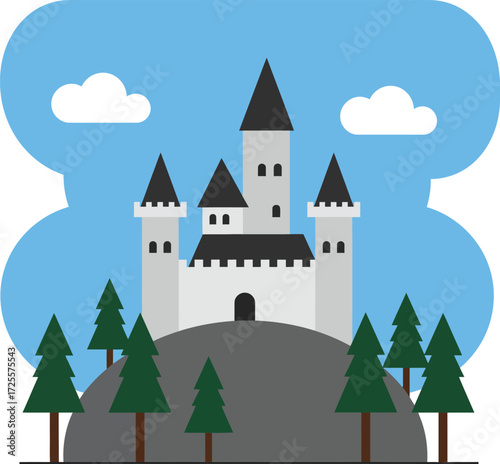 Majestic white castle on hill surrounded by pine trees under blue sky with clouds isolated on transparent background