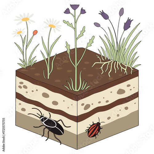 Cross section of soil layers with plants and insects