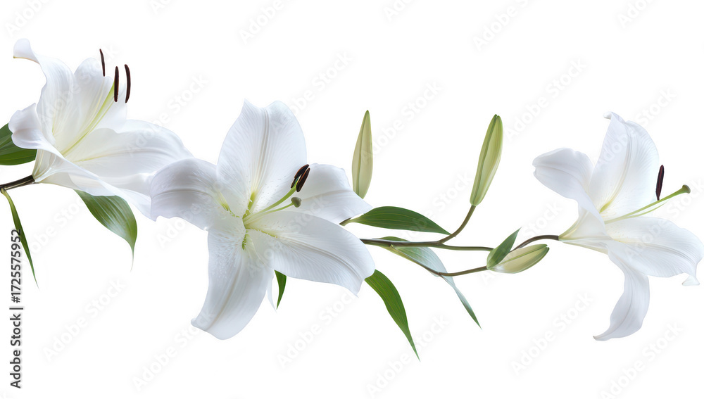 Fototapeta premium A delicate arrangement of white lilies gracefully displayed against a clean white background. their elegant petals and green leaves. perfect for floral-themed projects or designs