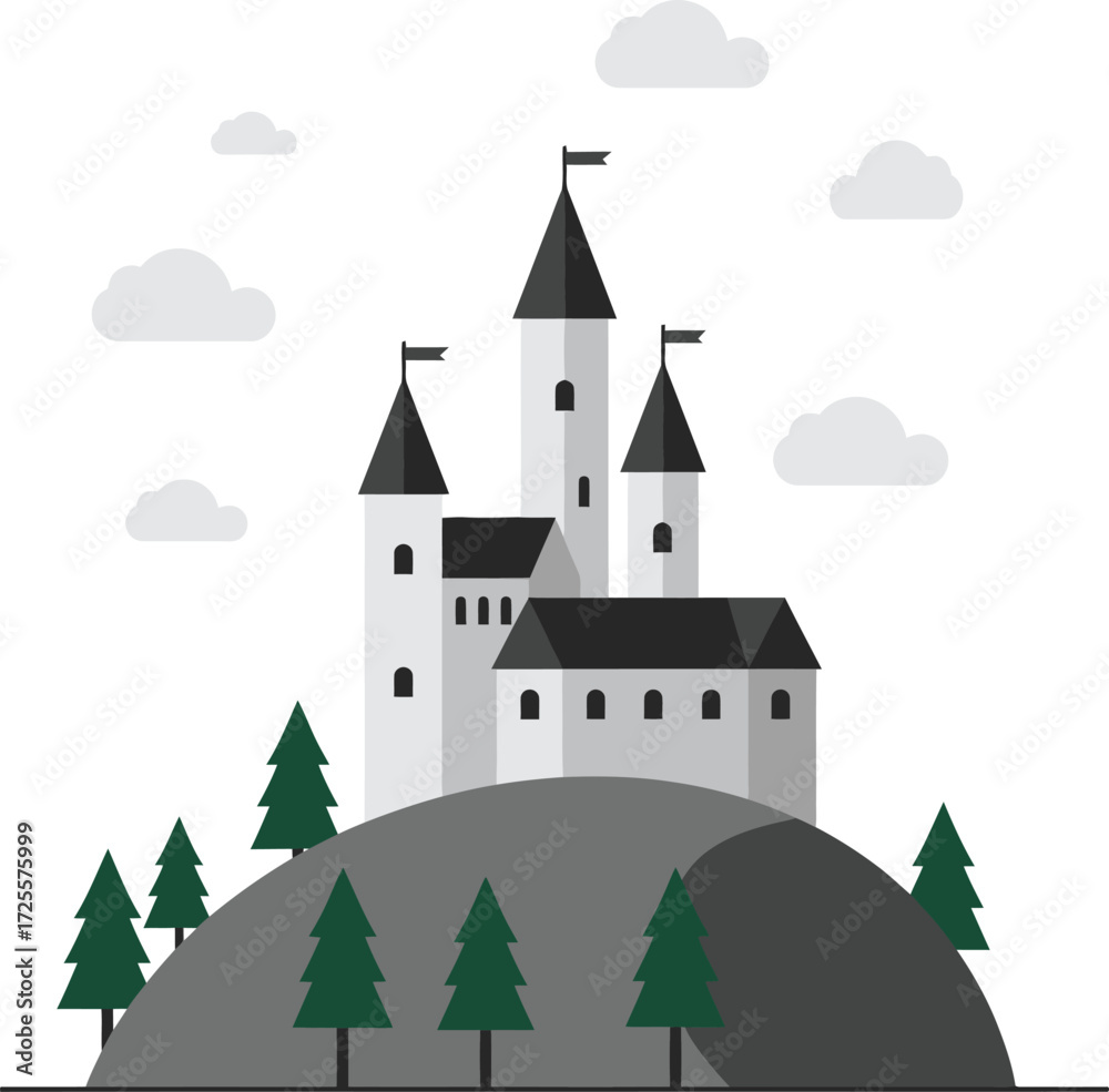 Fototapeta premium Fairytale castle on a hill surrounded by trees and clouds majestic fantasy fortress design isolated on transparent background
