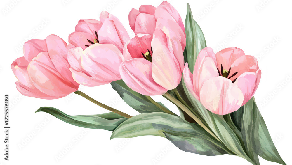 Obraz premium A bouquet of pink tulips gracefully arranged with lush green leaves. set against a clean white background. perfect for floral-themed designs or springtime decorations