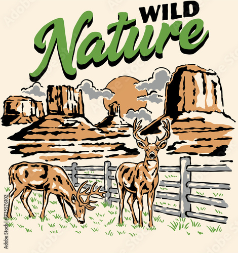 Vintage deer illustration, Nature Wanderer, hand-drawn, minimalist, with beige background.