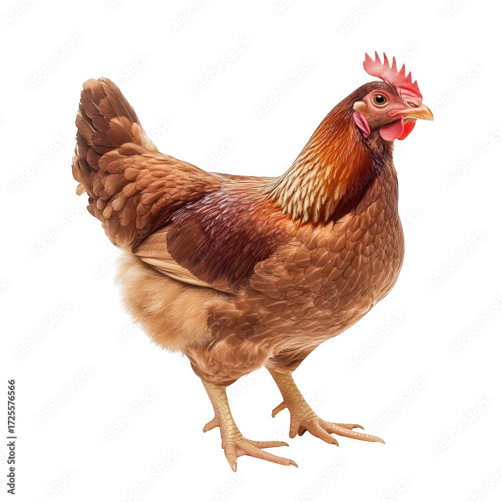 Fototapeta premium A vibrant. healthy brown chicken standing confidently against a clean white background. its glossy feathers and distinctive red comb. ideal for agricultural or culinary stock photos