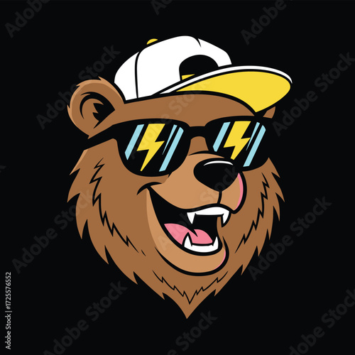 Cartoon bear head with sunglasses and backward cap, playful expression, cool character design, vibrant colors, modern street style illustration, fun animal vector art