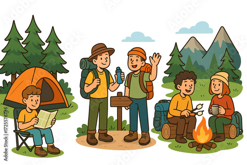 Cartoon Camping and Hiking Scenes with Tent, Campfire, and Outdoor Adventure Characters