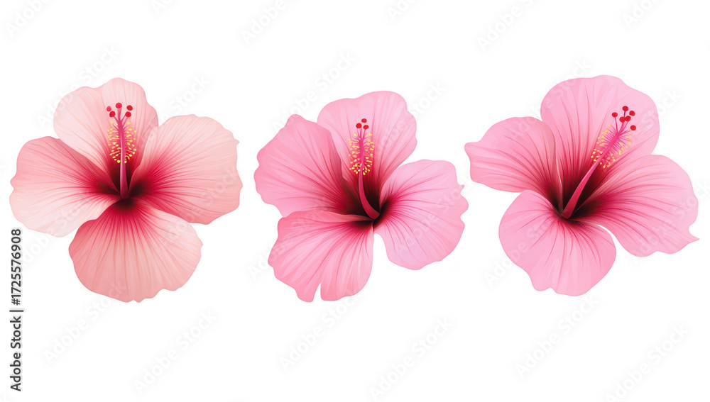 Fototapeta premium A trio of pink hibiscus flowers intricate petals and detailed stamen. set against a clean white background. ideal for botanical illustrations or floral designs