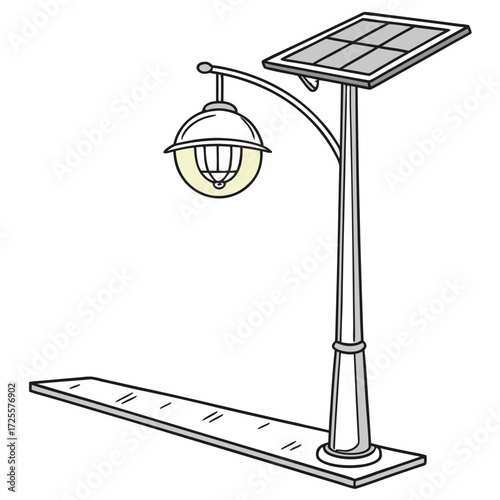 A simple cartoon drawing of a street lamp powered by a solar panel on a white background