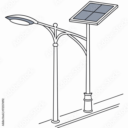 A simple line drawing of a modern solar powered street light with a panel on top and a traditional lamp post side by side