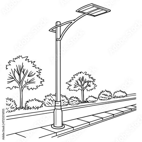 A simple line drawing of a modern solar powered street lamp standing beside a paved sidewalk and road with trees and bushes