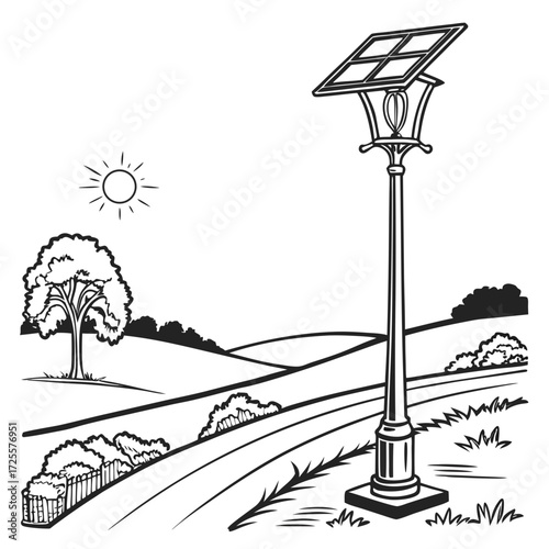 A stylized black and white illustration of a solar powered street lamp standing in a rural landscape with rolling hills and a bright sun