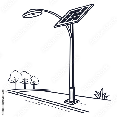 A stylized line drawing of a solar powered street lamp standing on a sidewalk next to trees and grass