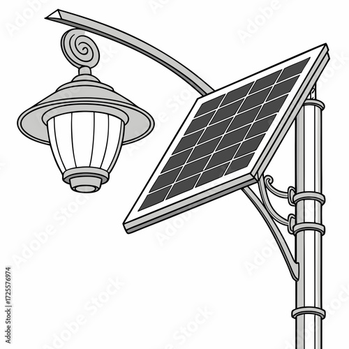 A vintage style street lamp powered by a modern solar panel mounted on a pole