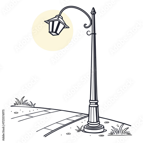 A vintage black and white line drawing of a classic lamppost illuminating a pathway with a soft yellow glow