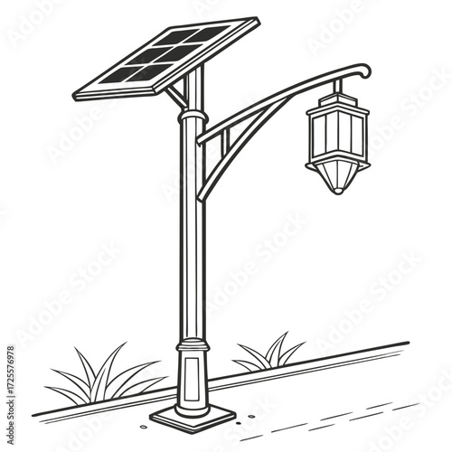 Black and white line drawing of a solar powered street lamp with a traditional lantern style light fixture on a pole with grass and a road