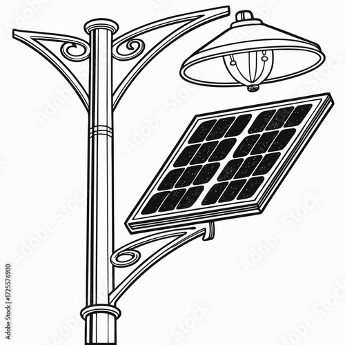 Artistic line drawing of a decorative solar powered street lamp with a classic lantern design and photovoltaic panel
