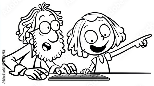 An older man and a young girl enthusiastically use a keyboard together, with the girl pointing excitedly at something on the screen.