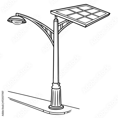 Clean line art illustration of a modern solar powered street lamp with a light fixture and a panel on a pole