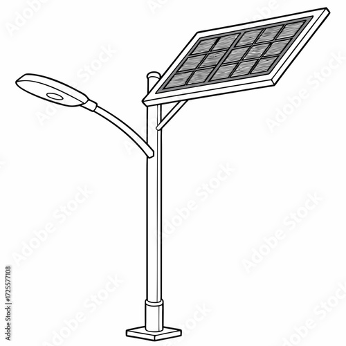 Clean line art illustration of a modern solar powered street lamp with a light fixture and photovoltaic panel