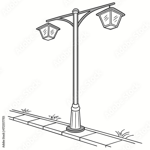 Classic double headed street lamp post standing on a sidewalk with grass accents in a simple line drawing style