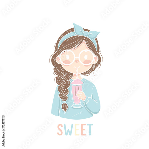 Cute cartoon girl with braid, blue headband and glasses sipping pink milkshake, pastel sweet text, charming character design, soft color illustration artwork