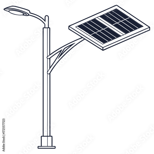 Clean line art illustration of a modern solar powered street lamp with a photovoltaic panel on top