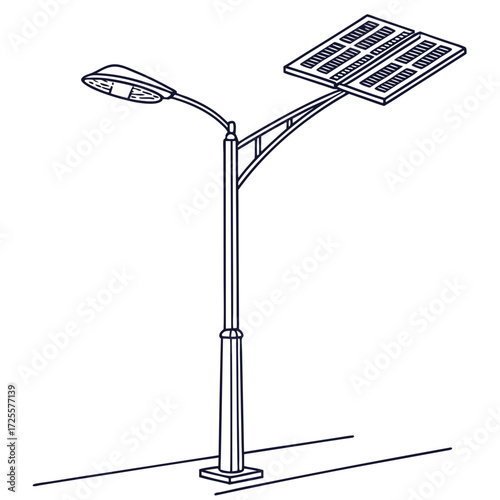 Clean line art illustration of a modern solar powered street lamp with two panels on a pole