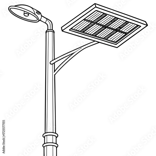 Clean line art illustration of a modern solar powered street light with a panel on top of the pole