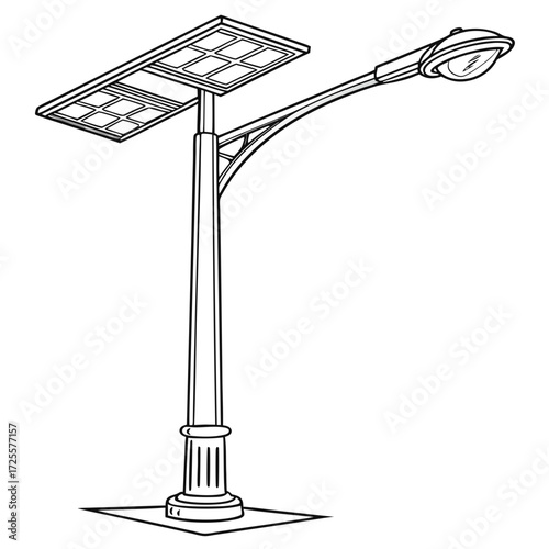 Clean line art illustration of a modern solar powered street light with a curved arm and integrated panel