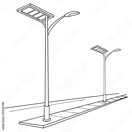 Clean line art illustration of modern solar powered street lights illuminating a sidewalk and road