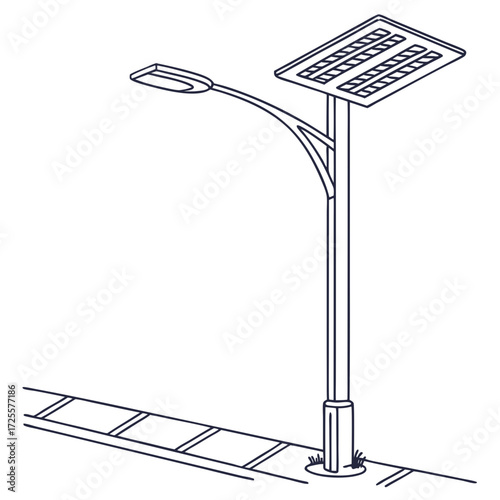 Clean line drawing illustration of a modern solar powered street light with a panel on top and a sidewalk below