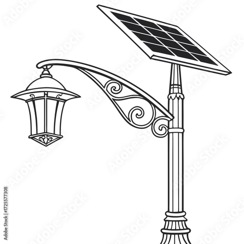 Elegant victorian style solar powered street lamp with ornate scrollwork on a white background line art illustration