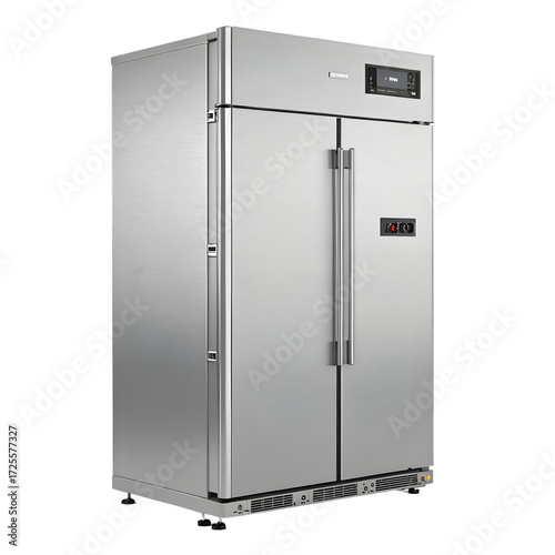 Commercial stainless steel refrigerator isolated on transparent background for restaurant