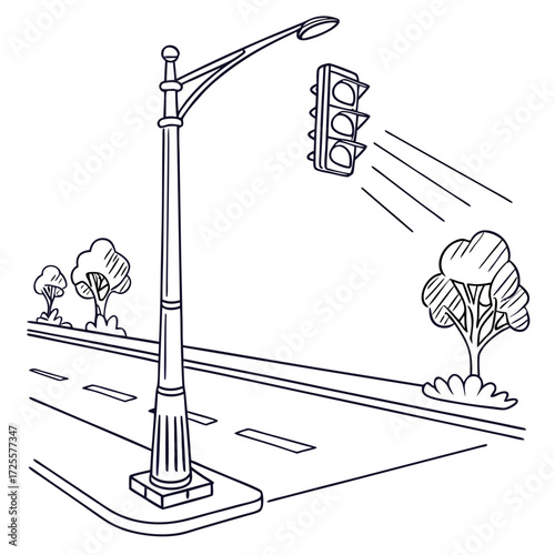 Hand drawn sketch of a street corner with a traffic light and a lamppost on a sunny day