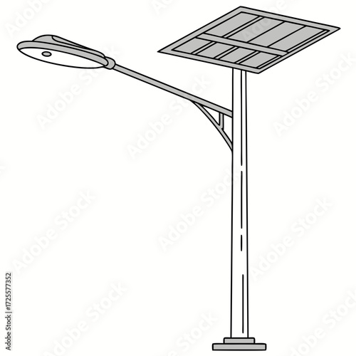 Illustration of a modern solar powered street lamp with a light fixture and photovoltaic panel on a white background