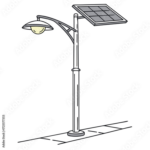 Illustration of a modern solar powered street lamp with a light fixture and photovoltaic panel on a sidewalk