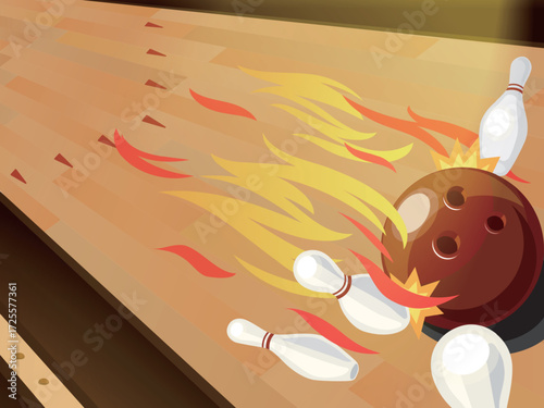 Daily A039 a red bowling ball with fire hits bowling pins shows the image of bowling sport vector illustration graphic EPS 10
