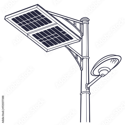 Illustration of a modern solar powered street lamp with photovoltaic panels and a light fixture on a pole
