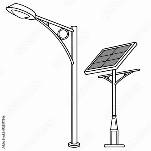 Illustration of a traditional street lamp and a modern solar powered street light with panel on white background